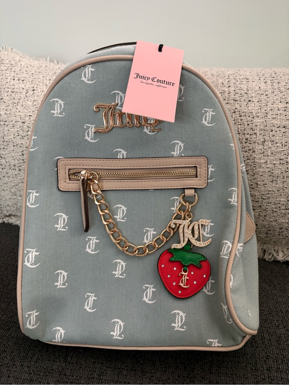 Juicy Couture Monogram Mini Backpack in Light Blue with Beige Trim